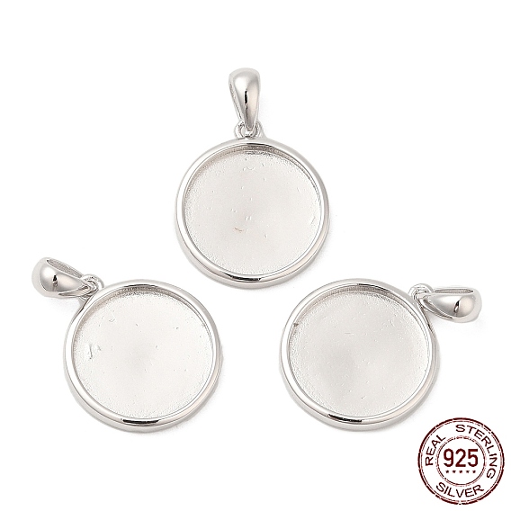 925 Sterling Silver Pendant Cabochon Settings, with 925 Stamp, Flat Round