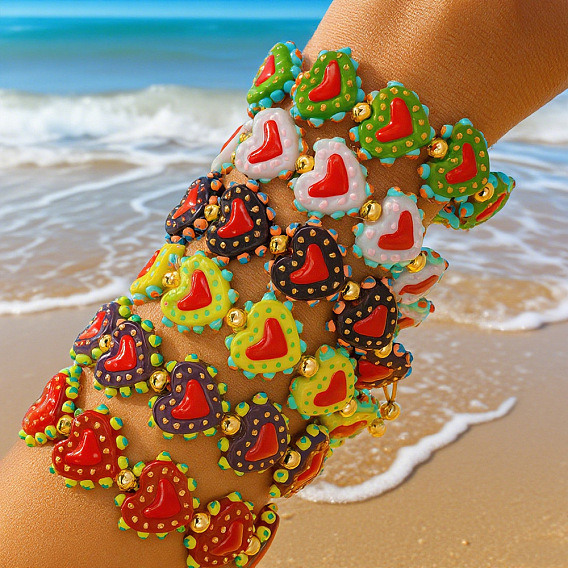 Богемные браслеты ручной работы из фарфора, эмали, бисера и плетеных бусин для женщин., сердце