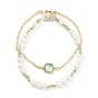 Natural Pearl & Glass Beaded Multi-strand Bracelet with Brass Cable Chains for Women, Golden