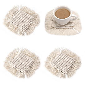 CHGCRAFT Hand-Woven Cotton Rope Placemat Simple Tassel Coasters, for Cups, Square
