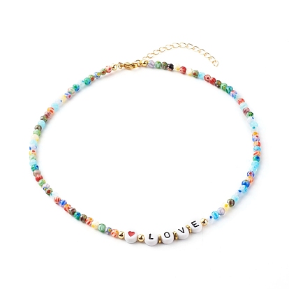 Beaded Necklaces, with Acrylic Beads, Brass Beads, Glass Beads, 304 Stainless Steel Findings & Brass Chain, Word Love