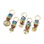 5Pcs Chakra Natural Gemstone Chip Pendant Keychain, with Iron Findings and Alloy Pendants, Tree of Life/Flat Round with Tree of Life & Lotus & Moon Pattern