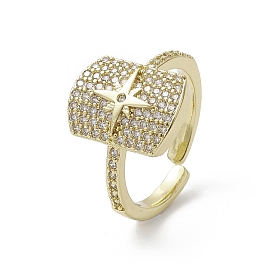 Rack Plating Brass Micro Pave Cubic Zirconia Open Cuff Rings, Rectangle with Star