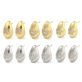 Rack Plating Brass Micro Pave Clear Cubic Zirconia Stud Earring, Cadmium Free & Lead Free, Long-Lasting Plated, Teardrop