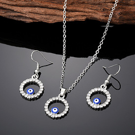 Versatile Demon Eye Necklace & Earrings Set with Blue Crystal and Gold Chain
