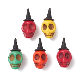Halloween Theme Dyed Synthetic Turquoise Pendants, Skull Charms with Black Alloy Witch Hat