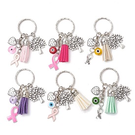 6Pcs 6 Colors Ribbon Keychain, with Alloy Finding, Iron Split Key Rings, Evil Eye Lampwork Beads, Faux Suede Tassel