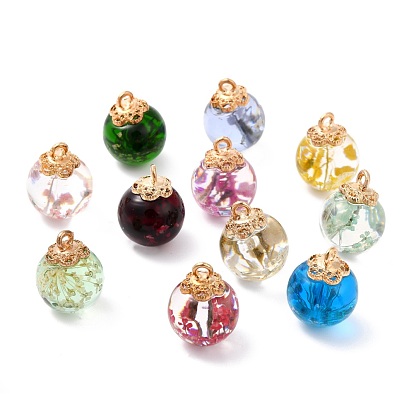 Glass Dried Flower Big Pendants, with Alloy Findings, Round, Light Gold