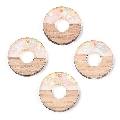 Transparent Resin & White Wood Pendants, Donut/Pi Disc Charms with Paillettes