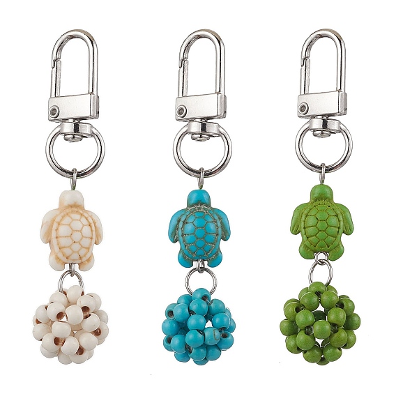 Synthetic Turquoise Beaded Round & Sea Turtle Pendant Decorations, with Alloy Swivel Clasps