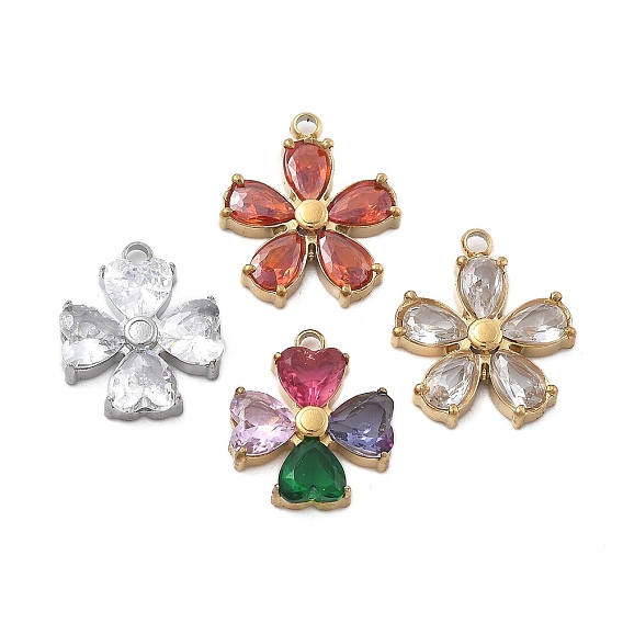 304 подвески из микро-паве из нержавеющей стали с фианитами, цветок, ионное покрытие (ip)