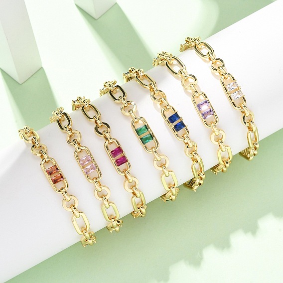 Браслет-цепочка из латуни в виде кольца и скрепки с микропаве из кубического циркония для женщин., реальный 18 k позолоченный, без кадмия и без свинца, стойки покрытие, долговечный