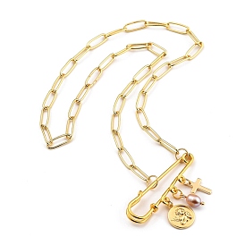 Collares pendientes, con cuentas de perlas naturales, alfileres de gancho de hierro, dijes de latón y cadenas de clips, cruz y plano redondo con angel, dorado