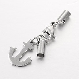 304 Stainless Steel Lobster Claw Clasps, with Cord Ends and Anchor Charms, 42mm, Hole: 3mm