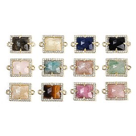 Natural Gemstone Faceted Rectangle Links, Rack Plating Brass Micro Pave Clear Cubic Zirconia Connector Charms, Golden