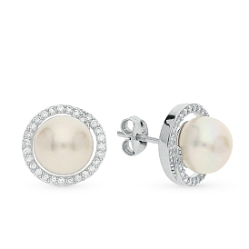Rhodium Plated 925 Sterling Silver Studs Earrings, with Cubic Zirconia and Pearl Round Bead