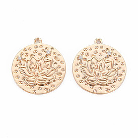 Brass Micro Pave Clear Cubic Zirconia Pendants, Nickel Free, Flat Round with Lotus