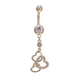 Piercing Jewelry Real 18K Gold Plated Brass Rhinestone Heart to Heart Navel Ring Belly Rings, 52x15mm