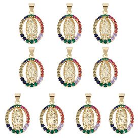 10 pcs rack placage en laiton micro pave pendentifs en zircone cubique, réel 18 k plaqué or, plaqué longue durée, ovale avec la Vierge Marie