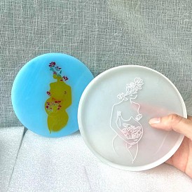 Mother's Day Theme Flat Round Cup Mat Silicone Molds, Resin Casting Molds, for DIY UV Resin & Epoxy Resin Craft Making, with Pregnant Woman Pattern