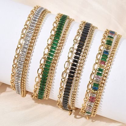 304 Двухслойные браслеты-цепочки из нержавеющей стали и стекла для женщин, прямоугольные, реальный 18 k позолоченный, ионное покрытие (ip), долговечный