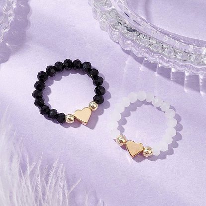 Glass & Brass Beaded Stretch Rings for Women, Heart