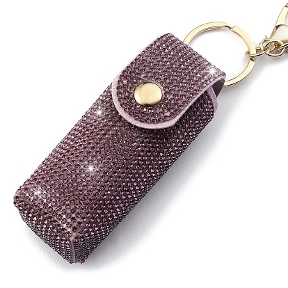 PU Leather & Rhinestones Lipstick Storage Bags, Portable Lip Balm Organizer Holder for Women Ladies, with Light Gold Tone Alloy Keychain, Rectangle