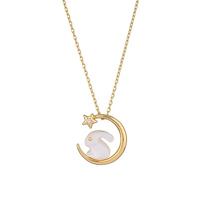 Natural Shell Bunny with Crescent Moon Pendant Necklace with Clear Cubic Zirconia, 925 Sterling Silver 2023 New Rabbit Year Jewelry for Women