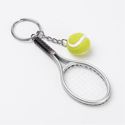 Sport Theme, Tennis & Racket Acrylic Keychain, with Alloy Balls and Iron Key Rings
