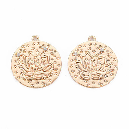 Brass Micro Pave Clear Cubic Zirconia Pendants, Nickel Free, Flat Round with Lotus
