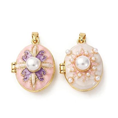 Латунь эмаль Locket подвески, с пластиковыми бусинами, имитирующими жемчуг, овальные, золотые