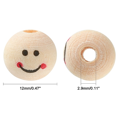 Printed Wood Beads, Round with Smiling Face Pattern, Undyed