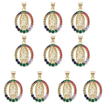 10 pcs rack placage en laiton micro pave pendentifs en zircone cubique, réel 18 k plaqué or, plaqué longue durée, ovale avec la Vierge Marie