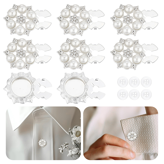 12Pcs 2 Styles Flower Brass Rhinestone Cufflinks, with Zinc Alloy & Resin, Acrylic Shirt Buttons