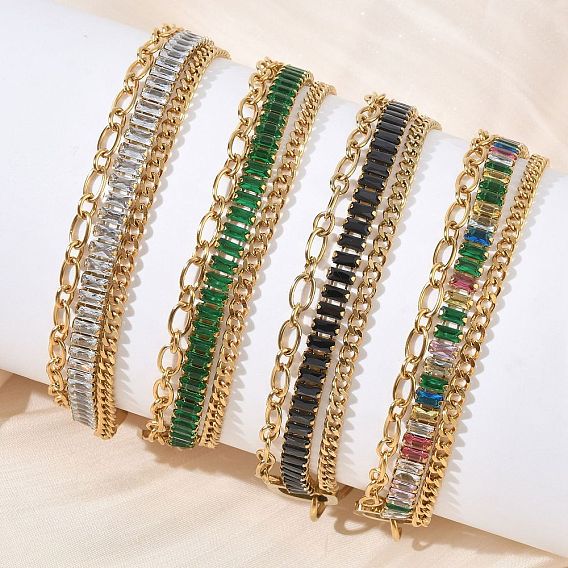 304 Двухслойные браслеты-цепочки из нержавеющей стали и стекла для женщин, прямоугольные, реальный 18 k позолоченный, ионное покрытие (ip), долговечный