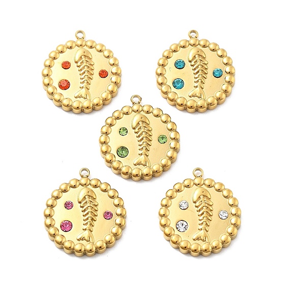 304 из нержавеющей стали горный хрусталь подвески, плоский круглый с подвесками в виде рыбьей кости, ионное покрытие (ip), реальный 14 k позолоченный