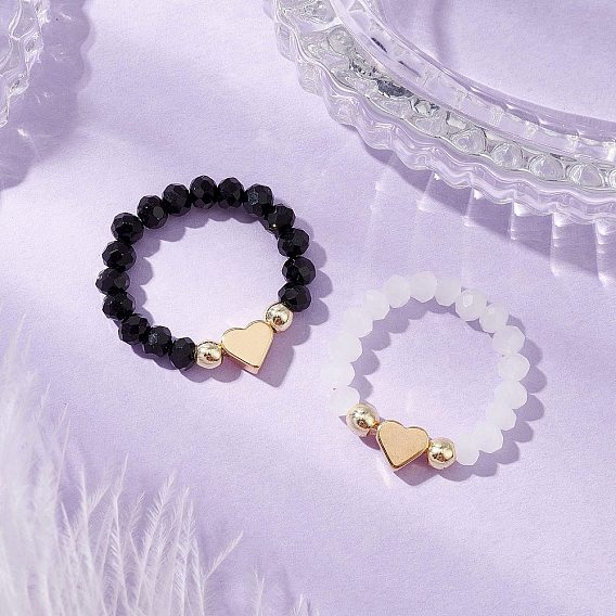 Glass & Brass Beaded Stretch Rings for Women, Heart