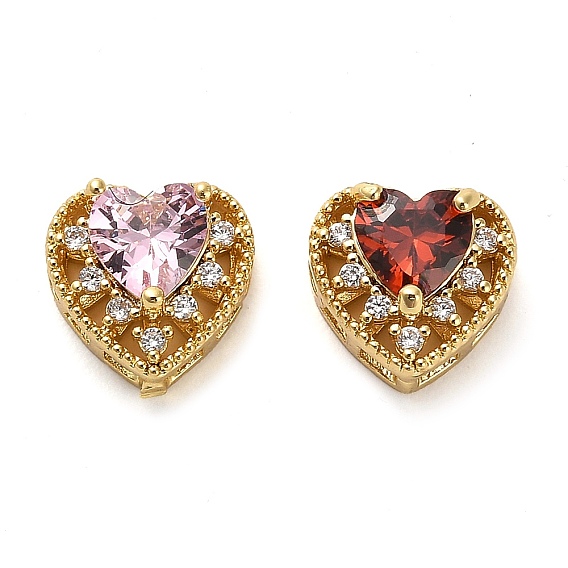 Brass Micro Pave Cubic Zirconia Beads, Real 18K Gold Plated, Heart