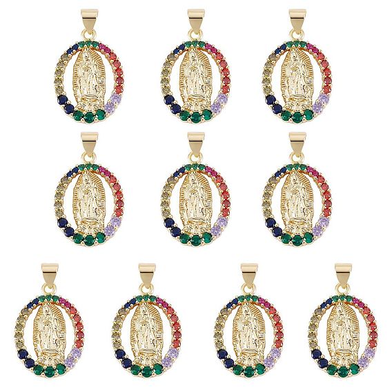 10Pcs Rack Plating Brass Micro Pave Cubic Zirconia Pendants, Real 18K Gold Plated, Long-Lasting Plated, Oval with Virgin Mary