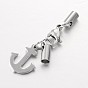 304 Stainless Steel Lobster Claw Clasps, with Cord Ends and Anchor Charms, 42mm, Hole: 3mm