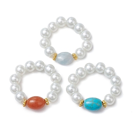 Oval Synthetic Turquoise & Natural Red Aventurine & Aquamarine Finger Rings, Round Glass Pearl Beaded Stretch Rings for Women