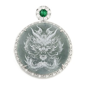 Natural Jadeite Carved Flat Round Pendants, Dragon Charms with Rhodium Plated 925 Sterling Silver Snap on Bails