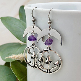 Purple Crystal Mushroom Crescent Moon Earrings - Moonlight Ear Jewelry