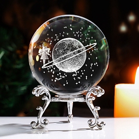 Inner Carving Planet Glass Crystal Ball Diaplay Decoration, with Alloy Pedestal, Fengshui Home Decor