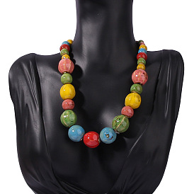 Boho Ceramic Necklace with Colorful Beads and Flower Enamel Pendant
