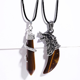 Hexagonal Tiger Eye Necklace with Wolf and Snake Pendant - Bold and Unique