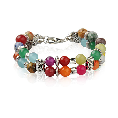 Girl's 2-Strand Gemstone Beads Chakra Bracelets, with Tibetan Style Beads and Alloy Lobster Claw Clasps, 220mm