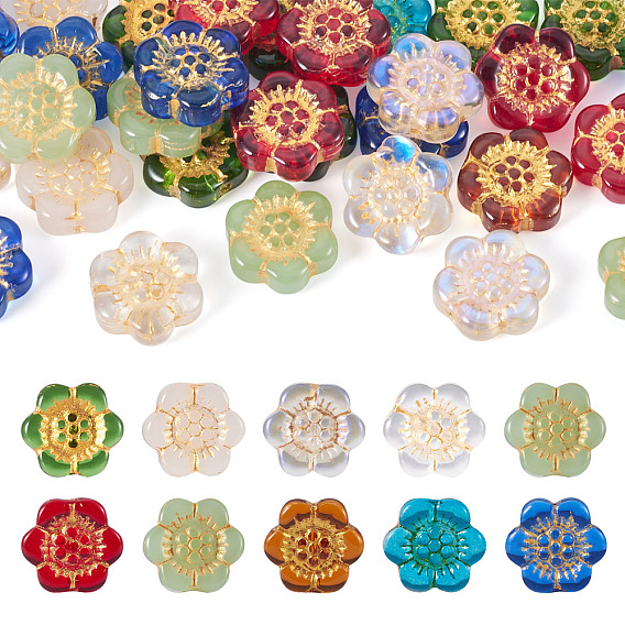30Pcs Baking Paint and Golden Metal Enlaced Glass Beads, Flower