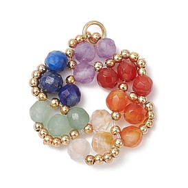 Natural Green Aventurine & Agate & Carnelian & Amethyst & Lapis Lazuli & Citrine Wire Wrapped Pendants, Round Brass Beads Ring Charms