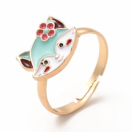 Aquamarine Enamel Fox with Flower Adjustable Ring, Rack Plating Alloy Jewelry for Women, Nickel Free
